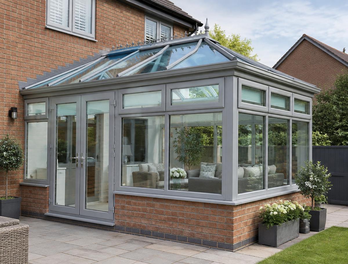 Agate grey sprayed conservatory frames and French doors