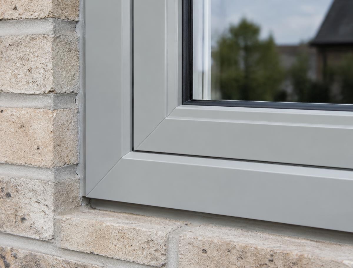 Close-up of an agate grey RAL 7038 sprayed uPVC window frame