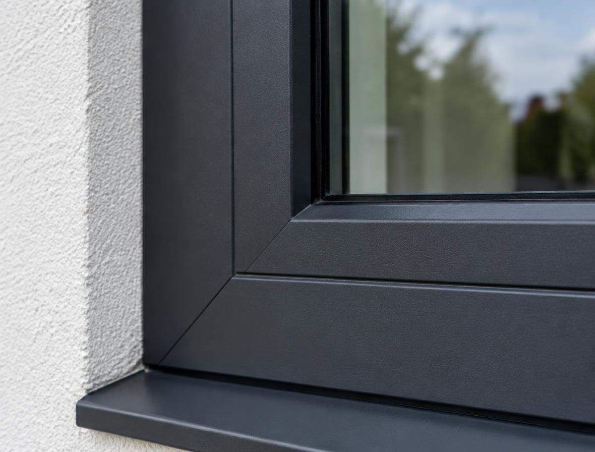 Close-up of an anthracite grey RAL 7016 sprayed uPVC window frame against white render