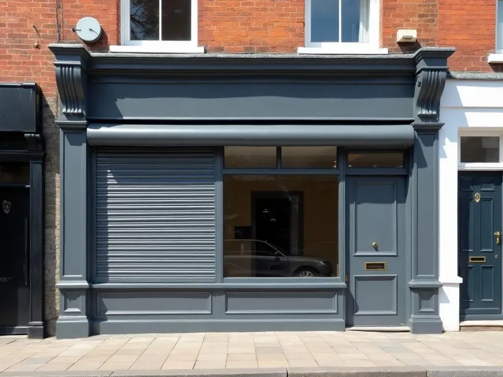 Professionally resprayed commercial shopfront with anthracite grey finish on a British high street