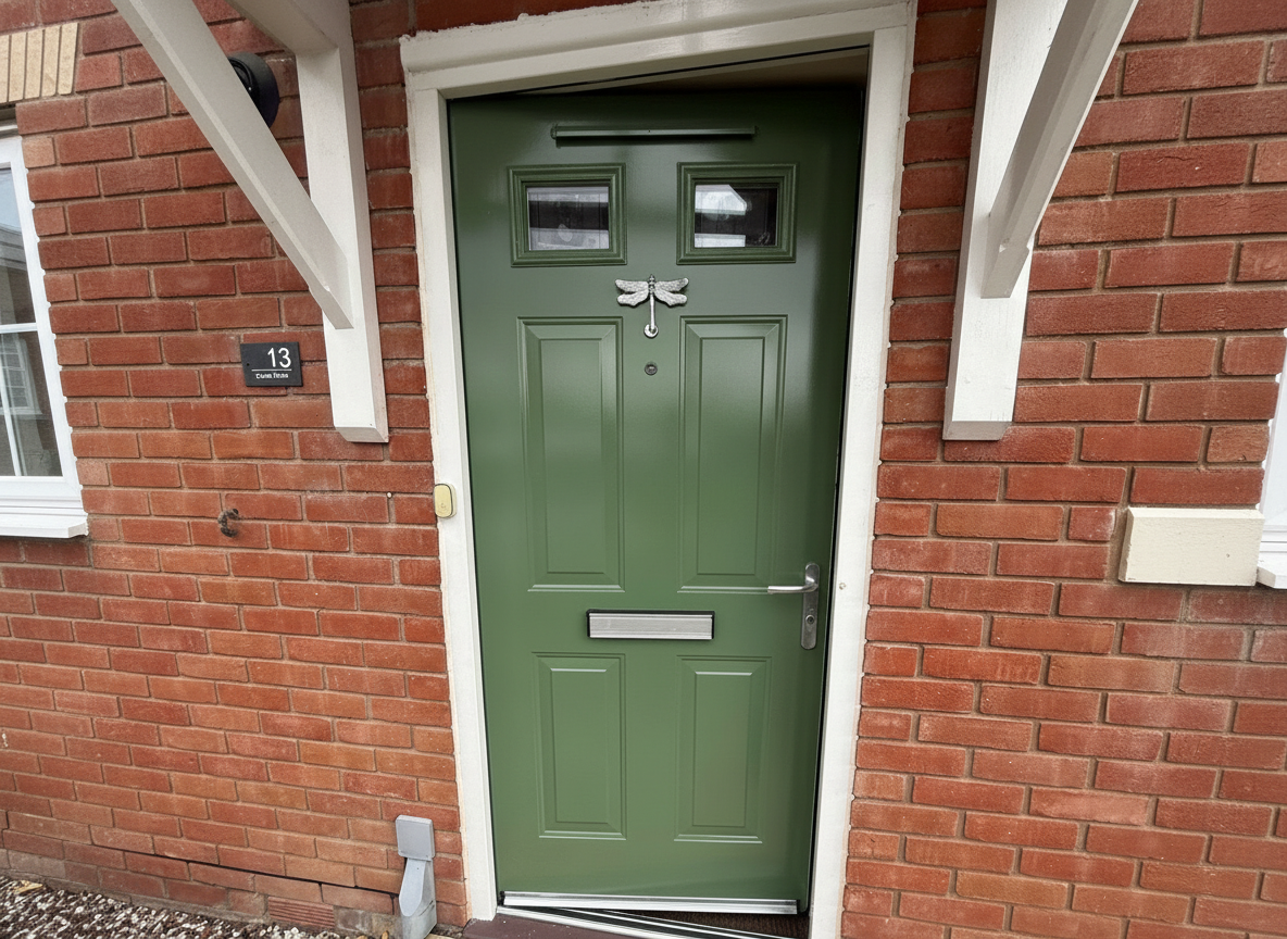 Green door with dragonfly knocker