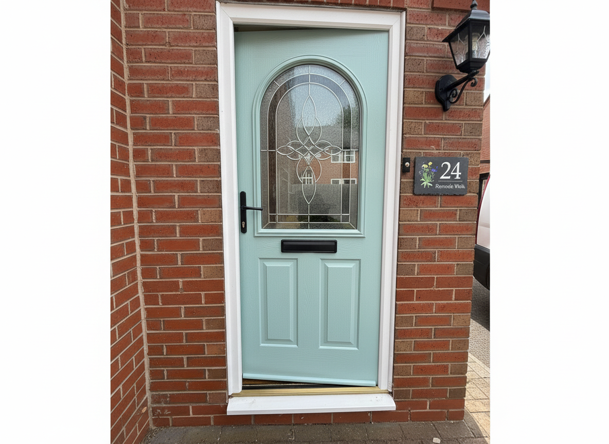 Mint green door with arch