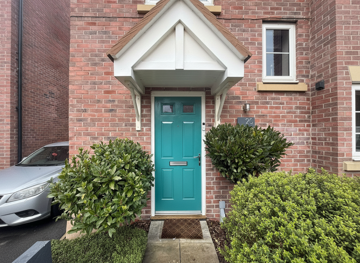 Teal front door with porch