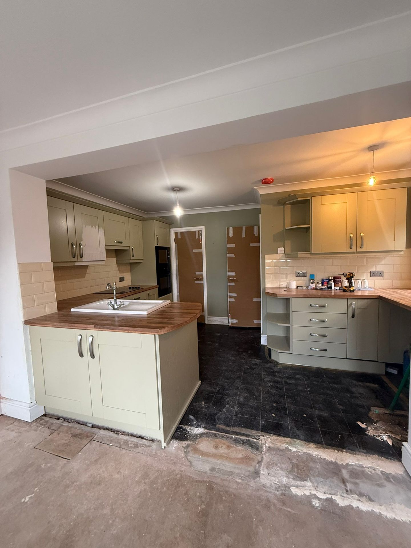 Sage green kitchen island respray